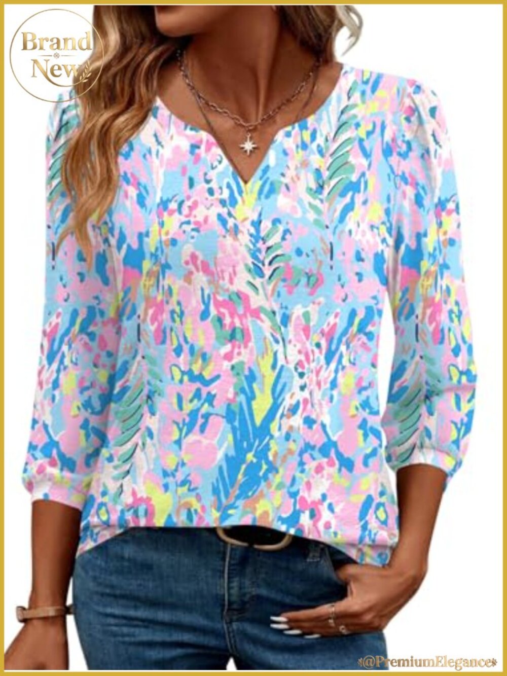 Womens 3/4 Sleeve Loose Fit Blouse Dressy V-Neck Business Tunic Top